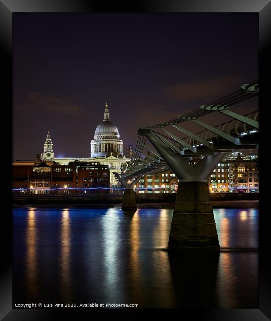 St. Paul's Cathedral and Millenium Bridge in London at night, in England Framed Print by Luis Pina