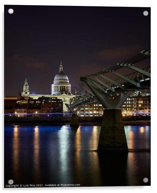 St. Paul's Cathedral and Millenium Bridge in London at night, in England Acrylic by Luis Pina