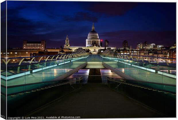 St. Paul's Cathedral and Millenium Bridge in London at night, in England Canvas Print by Luis Pina