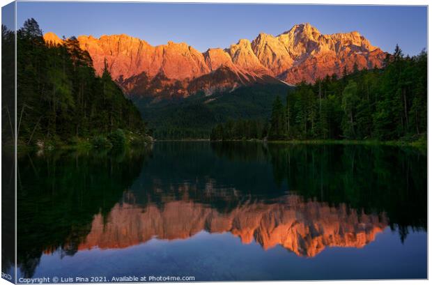 Zugspitze mountain view from Eibsee lake in Germany Canvas Print by Luis Pina