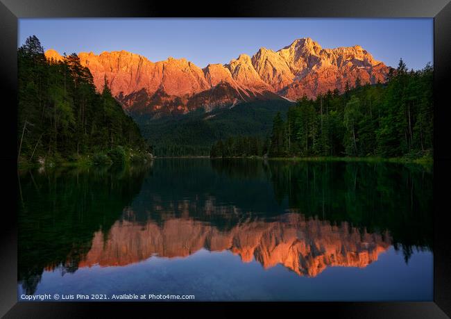 Zugspitze mountain view from Eibsee lake in Germany Framed Print by Luis Pina