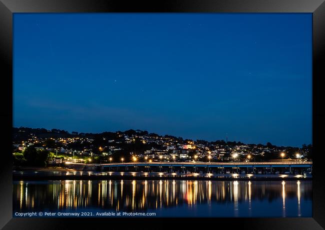 Nightlights Of Teignmouth Behind Shaldon Bridge In Devon At Dusk Framed Print by Peter Greenway