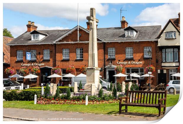 War memorial and George and Dragon public house, Print by Kevin Hellon