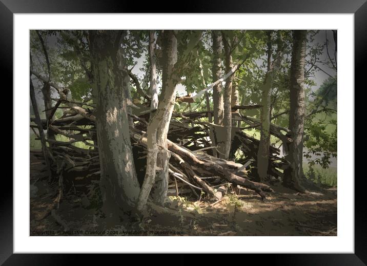 Blair Witch Inspired Stick and Tree Branch Shack i Framed Mounted Print by PAULINE Crawford
