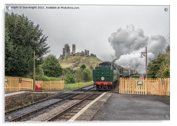 Steam train with view of Corfe castle Acrylic by Sue Knight