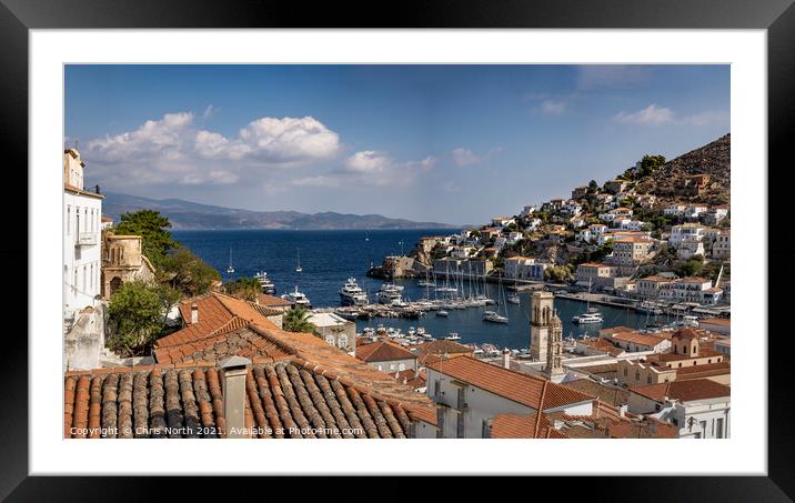 Harbour and Rooftops of Hydra. Framed Mounted Print by Chris North