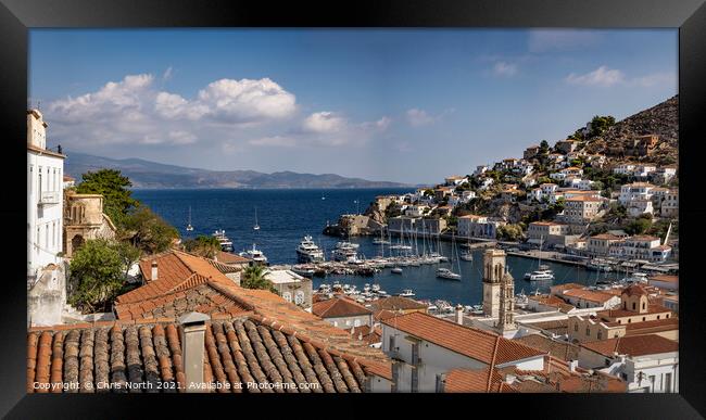 Harbour and Rooftops of Hydra. Framed Print by Chris North