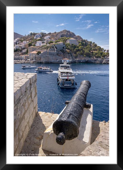 Canon standing guard over Hydra harbour entrance. Framed Mounted Print by Chris North
