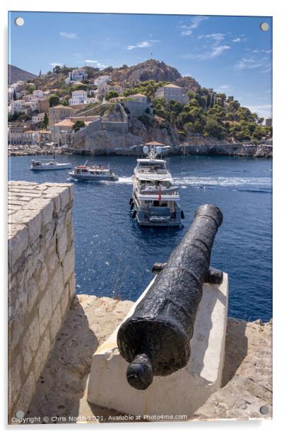 Canon standing guard over Hydra harbour entrance. Acrylic by Chris North