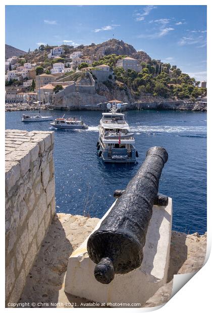 Canon standing guard over Hydra harbour entrance. Print by Chris North