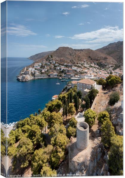 Hydra harbour and shore. Canvas Print by Chris North