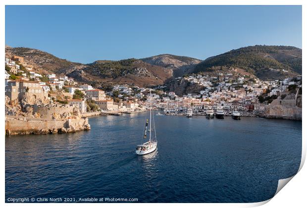 Sailing into Hydra harbour. Print by Chris North