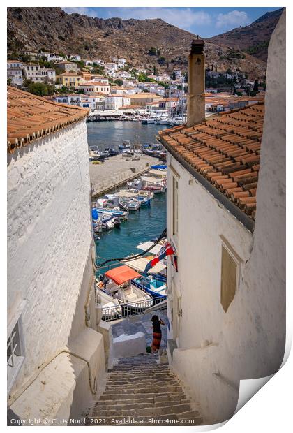 Rooftops and marina of Hydra. Print by Chris North