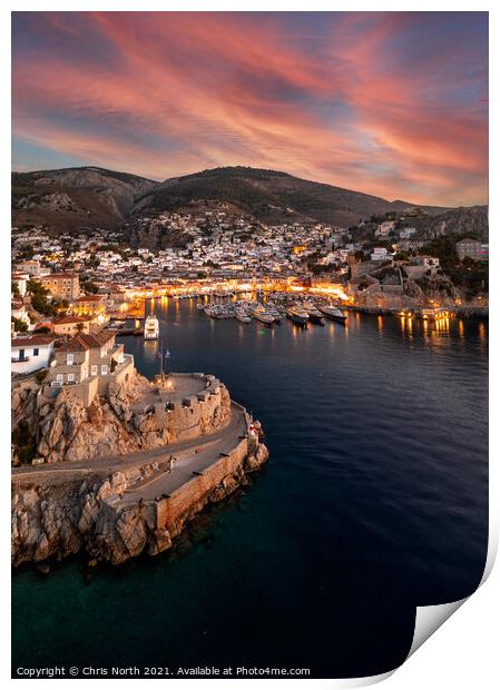 Hydra harbour sunset. Print by Chris North