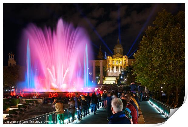 Magic Fountain Barcelona full with colors at night, in Spain Print by Luis Pina