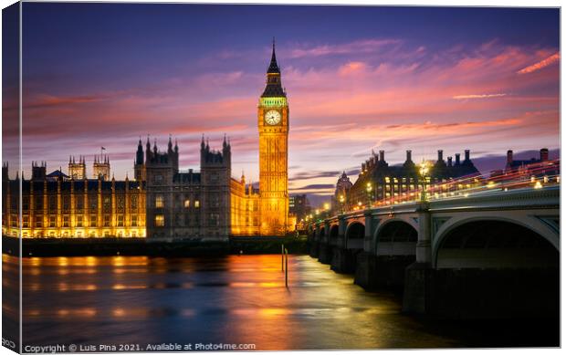 Big Ben Palace of Westminster at sunset with Thames River in London, England Canvas Print by Luis Pina