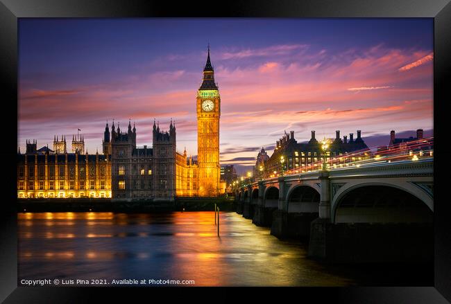 Big Ben Palace of Westminster at sunset with Thames River in London, England Framed Print by Luis Pina