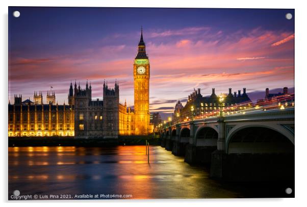 Big Ben Palace of Westminster at sunset with Thames River in London, England Acrylic by Luis Pina