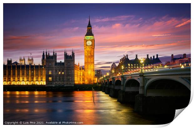 Big Ben Palace of Westminster at sunset with Thames River in London, England Print by Luis Pina