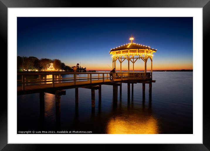 Fishermen in Bregenz Pier at night, in Austria Framed Mounted Print by Luis Pina