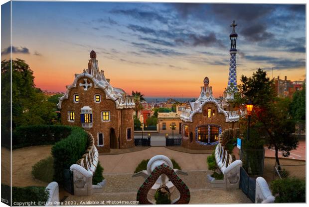 Park Guell in Barcelona, Spain at sunset Canvas Print by Luis Pina