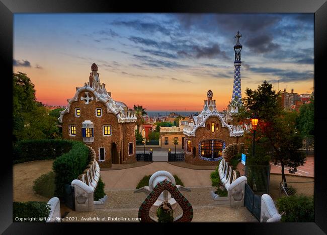 Park Guell in Barcelona, Spain at sunset Framed Print by Luis Pina