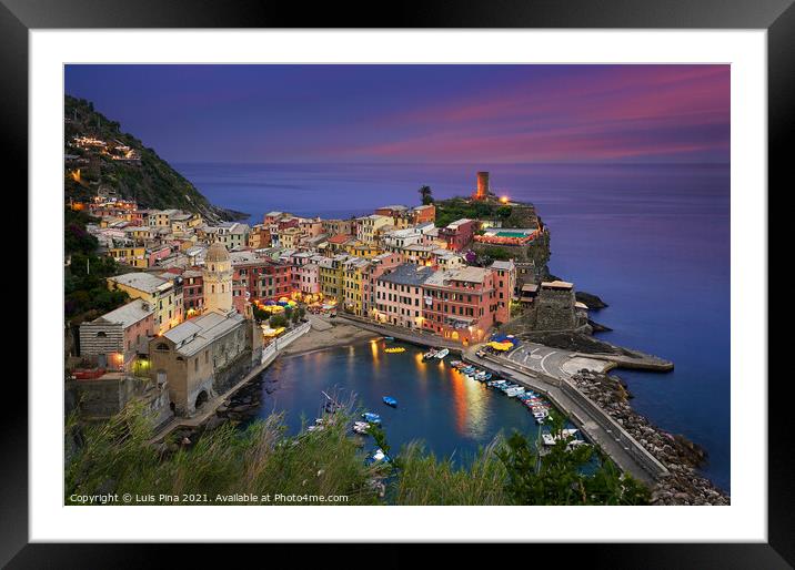 Vernazza city at night in Cinque Terre, Italy Framed Mounted Print by Luis Pina