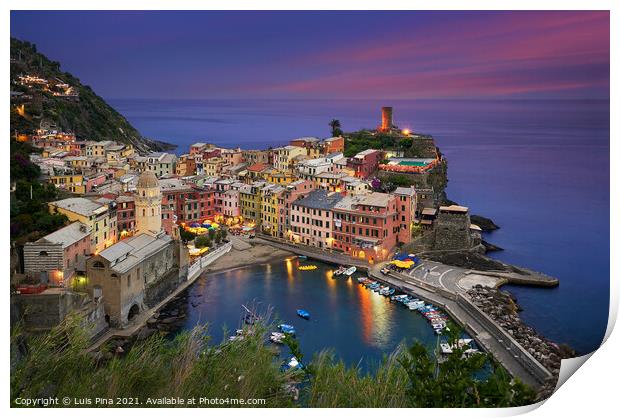 Vernazza city at night in Cinque Terre, Italy Print by Luis Pina