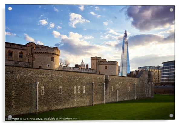 The Shard and the Tower of London at sunset in London, England Acrylic by Luis Pina