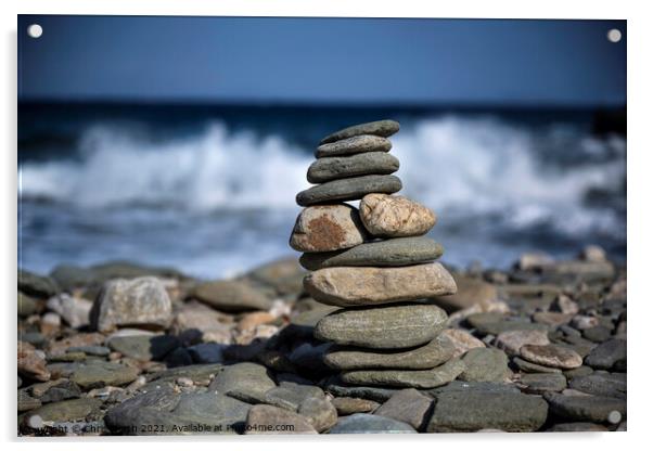 A  cairn pebble tower. Acrylic by Chris North