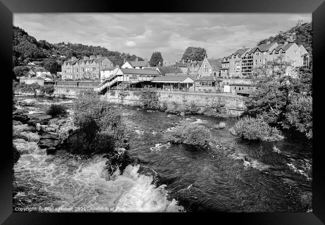 Llangollen River view  monochrome Framed Print by Diana Mower
