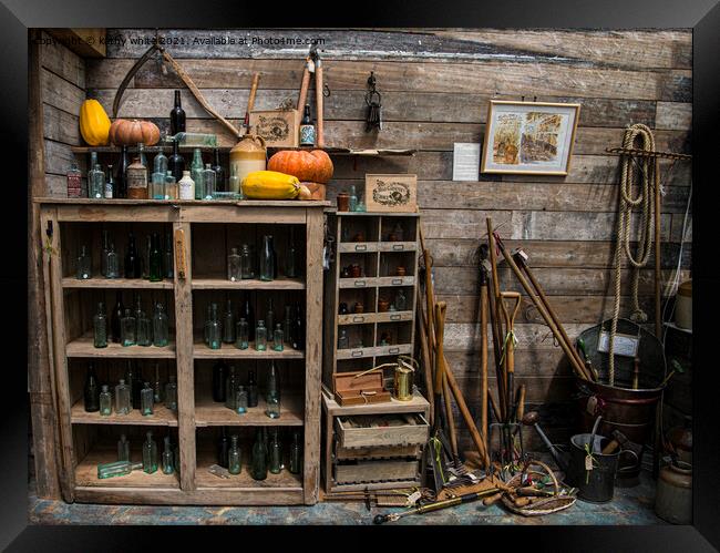 old bottles, garden shed,garden tools Framed Print by kathy white