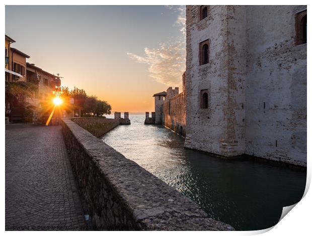 Scaligero Castle in Sirmione on Lake Garda, Italy at Sunrise Print by Dietmar Rauscher