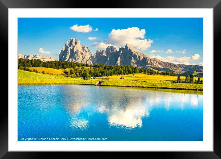 Lake and mountains, Alpe di Siusi, Dolomites Framed Mounted Print by Stefano Orazzini