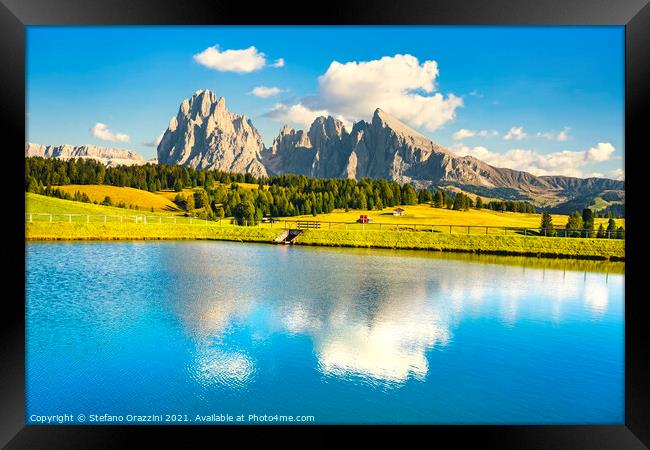 Lake and mountains, Alpe di Siusi, Dolomites Framed Print by Stefano Orazzini