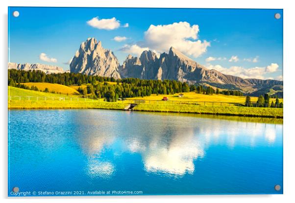 Lake and mountains, Alpe di Siusi, Dolomites Acrylic by Stefano Orazzini