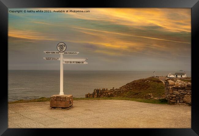  The Iconic Signpost lands end Cornwall at sunset Framed Print by kathy white