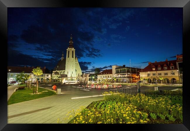 Limanowa, Poland : Panorama City center main square night view with a famous church and building cityscape a unit of local government powiat in Lesser Poland Voivodeship, southern Polish town Framed Print by Arpan Bhatia