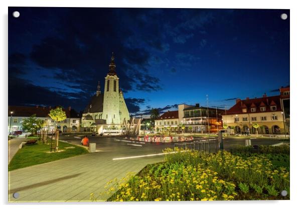 Limanowa, Poland : Panorama City center main square night view with a famous church and building cityscape a unit of local government powiat in Lesser Poland Voivodeship, southern Polish town Acrylic by Arpan Bhatia