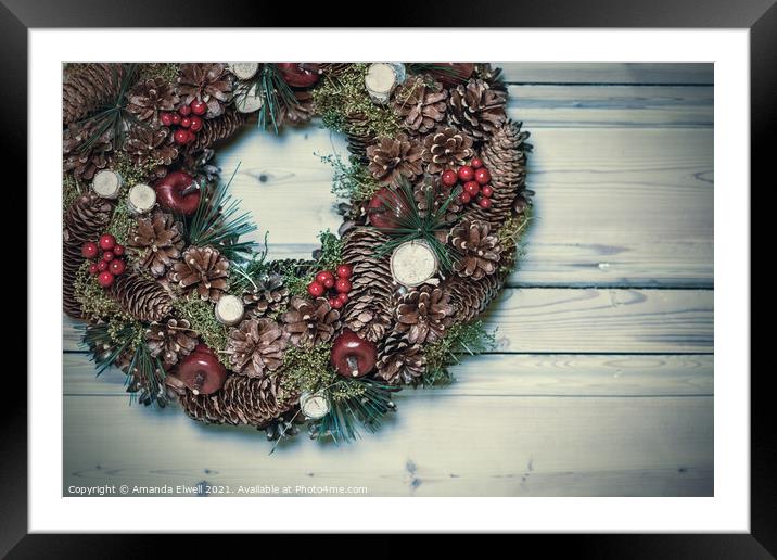 Pine Cone Christmas Wreath Framed Mounted Print by Amanda Elwell