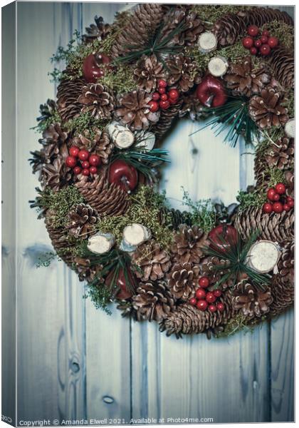 Pine Cone And Berry Decorated Wreath Canvas Print by Amanda Elwell