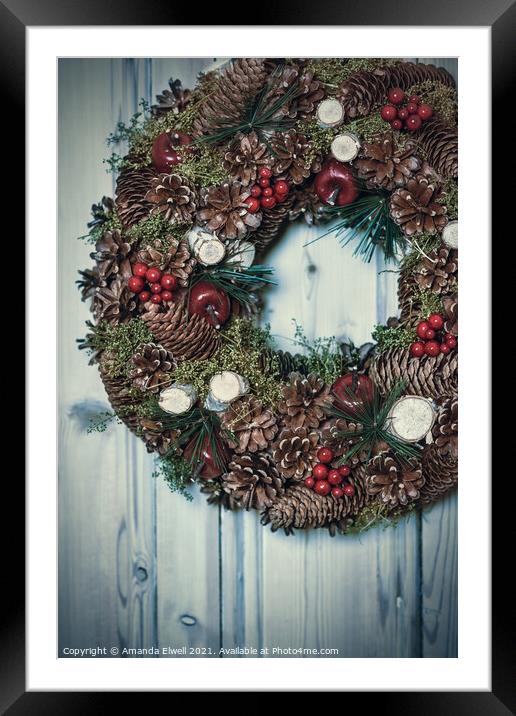 Pine Cone And Berry Decorated Wreath Framed Mounted Print by Amanda Elwell