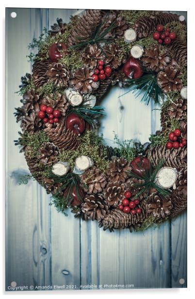 Pine Cone And Berry Decorated Wreath Acrylic by Amanda Elwell