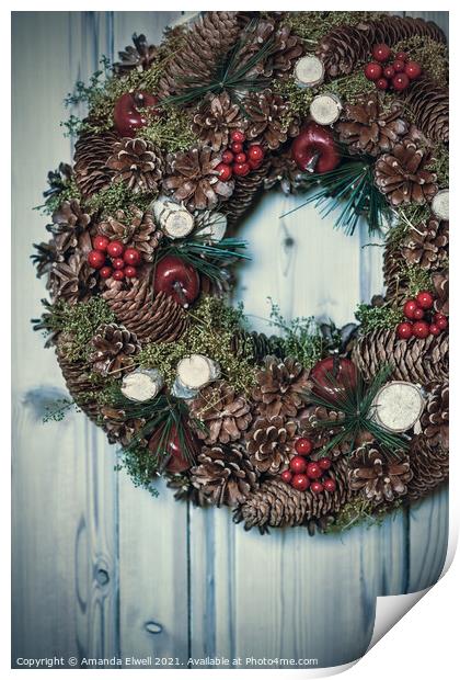 Pine Cone And Berry Decorated Wreath Print by Amanda Elwell