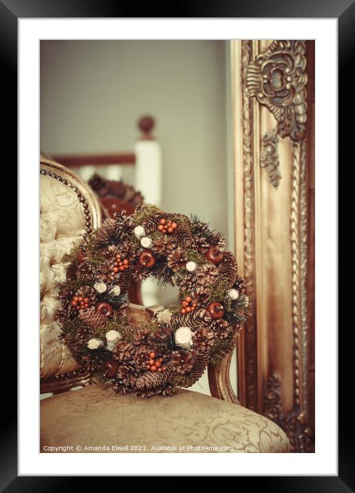 Berries And Cones Christmas Wreath Framed Mounted Print by Amanda Elwell