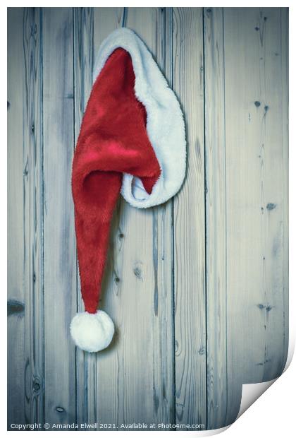 Santa Hat On Rustic Door Print by Amanda Elwell