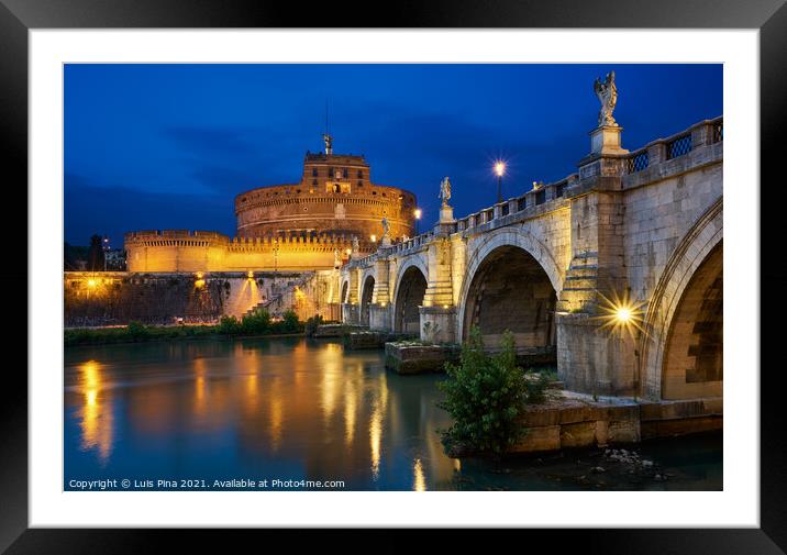 Ponte St Angelo Bridge and castle at night in Rome, Italy Framed Mounted Print by Luis Pina