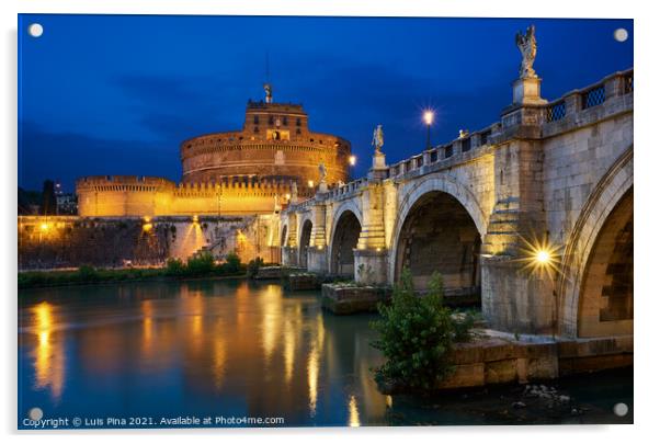 Ponte St Angelo Bridge and castle at night in Rome, Italy Acrylic by Luis Pina