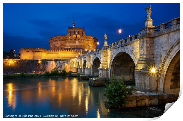 Ponte St Angelo Bridge and castle at night in Rome, Italy Print by Luis Pina