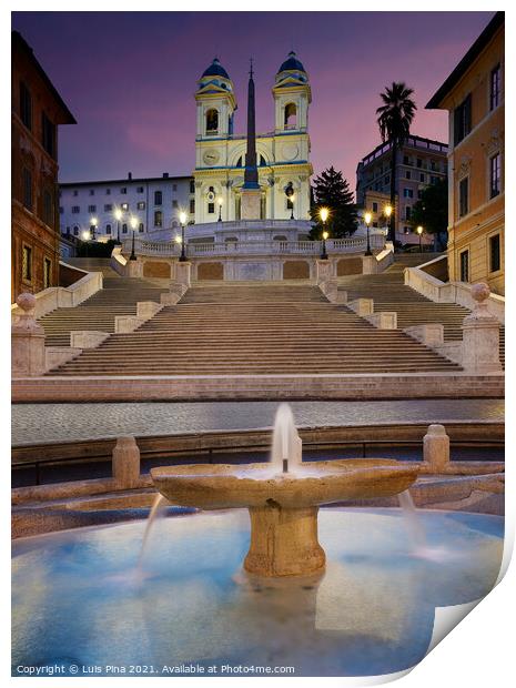 Spanish Steps in Rome, Italy at sunrise with beautiful water fountain Print by Luis Pina
